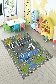 Pelangi Gri Havalimanı Uçak Desenli Yıkanabilir Kaymaz Taban Tutmazbebek Çocuk Odası Halısı, Gri-Yeşil 80 X 50 ürün görseli 1