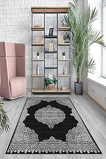 Pelangi Siyah Zemin Beyaz Çerçeveli Yıkanabilir Kaymaz Taban Tutmaz Salon Halısı Yolluk, Siyah 60 X 120, 745710496012005 ürün görseli 1
