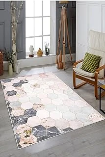 Pelangi Çok Renkli Geometrik Petek Desen Yıkanabilir Kaymaz Taban Tutmaz Salon Halısı Yolluk, Pembe-Gri 130 X 180, 7457116613018005 ürün görseli 1
