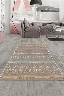 Pelangi Çok Renkli Etnik Kilim Desen Yıkanabilir Kaymaz Taban Tutmaz Salon Halısı Yolluk, Bej-Turuncu 180 X 300, 135809718030005 ürün görseli 1