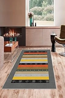 Pelangi Gri Kilim Desenli Yıkanabilir Kaymaz Taban Tutmaz Salon Halısı Yolluk, Gri-Sarı 80 X 150, 13583068015005 ürün görseli 1