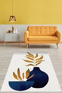 Pelangi Vazoda Bohemian Tarz Yapraklı Yıkanabilir Kaymaz Taban Tutmaz Salon Halısı Yoluk, Lacivert-Hardal 80 X 400 ürün görseli 1