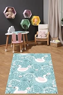 Pelangi Zemin Kuğular Çiçekler Desenli Yıkanabilir Kaymaz Taban Tutmaz Çocuk Odası Halısı, Mavi-Beyaz-Pembe 80 X 300, 764201388030005 ürün görseli 1