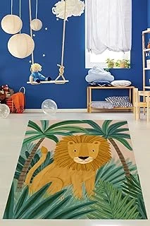 Pelangi Ormandaki Aslan Desenli Yıkanabilir Kaymaz Taban Tutmaz Çocuk Odası Halısı, Kahverengi-Yeşil 80 X 350, 7642010508035005 ürün görseli 1