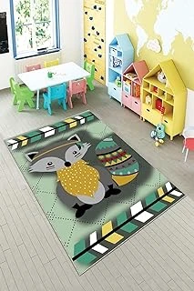 Pelangi Gri Rakun Desenli Yıkanabilir Kaymaz Taban Tutmazbebek Çocuk Odası Halısı, Gri-Yeşil 160 X 350, 901357147160350 ürün görseli 1