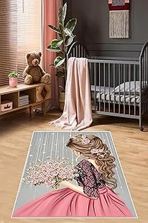 Pelangi Prenses Kız Desenli Çiçekli Halı Dijital Baskı Yıkanabilir Kaymaz Taban Kız Çocuk Odası Halısı, Gri-Pembe 40 X 40 ürün görseli 1