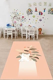 Pelangi Bohem İskandinav Tarz Kedili Yıkanabilir Kaymaz Taban Tutmaz Çocuk Odası Halısık, Somon-Yeşil 60 X 200 ürün görseli 1