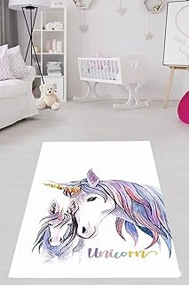 Pelangi Unicorn At Desenli Halı Dijital Baskı Yıkanabilir Kaymaz Taban Beyaz Çocuk Odası Halısı, Mavi-Beyaz 80 X 350 ürün görseli 1