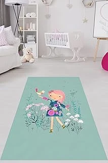 Pelangi Kızın Elindeki Kuş Bahar Desen Yıkanabilir Kaymaz Taban Tutmaz Çocuk Odası Halısı, Yeşil 120 X 160 ürün görseli 1