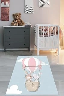 Pelangi Uçan Balon Sevimli Tavşanlar Yıkanabilir Kaymaz Taban Tutmaz Çocuk Odası Halısık, Mavi-Pembe-Beyaz 120 X 160 ürün görseli 1