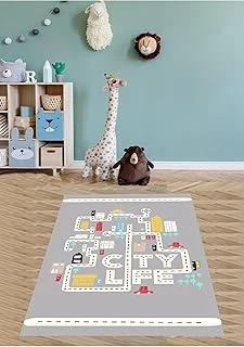 Pelangi Araba Yollu Yıkanabilir Kaymaz Taban Tutmaz Çocuk Odası Halısı, Gri-Beyaz-Sarı-Mavi 120 X 200 ürün görseli 1