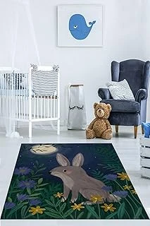 Pelangi Ormandaki Tavşan Ay Işığı İskandinav Yıkanabilir Kaymaz Taban Tutmaz Çocuk Odası Halısı, Lacivert-Gri-Yeşil 80 X 250, 764209208025005 ürün görseli 1