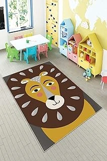 Pelangi Gri Aslan Desenli Çocuk Yıkanabilir Kaymaz Taban Tutmazbebek Çocuk Odası Halısı, Kahverengi-Taba 80 X 500, 90135704680500 ürün görseli 1