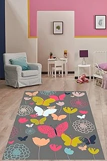 Pelangi Gri Zemin Rengarenk Çiçek Yıkanabilir Kaymaz Taban Tutmaz Çocuk Odası Halısı, Gri-Pembe 160 X 250 ürün görseli 1