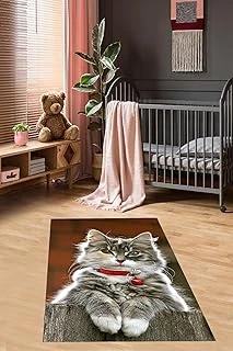 Pelangi Desenli Halı Kedili Halı Dijital Baskı Yıkanabilir Kaymaz Taban Çocuk Odası Halısı, Kahverengi 180 X 300 ürün görseli 1
