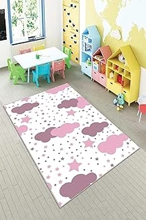 Pelangi Beyaz Pembe Bulut Desenli Yıkanabilir Kaymaz Taban Tutmazbebek Çocuk Odası Halısı, Pembe-Beyaz 120 X 200 ürün görseli 1