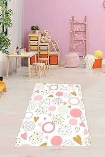 Pelangi Kalpli Renkli Çember Desen Dijital Baskı Yıkanabilir Kaymaz Tutmaz Çocuk Odası Halısı, Pudra Pembe-Beyaz 120 X 160 ürün görseli 1