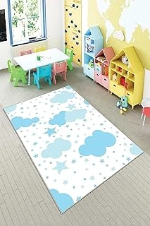 Pelangi Beyaz Bulut Desenli Yıkanabilir Kaymaz Taban Tutmazbebek Çocuk Odası Halısı, Beyaz-Mavi 100 X 600, 901357072100600 ürün görseli 1