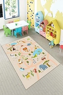 Pelangi Bej Hayvan Desenli Yıkanabilir Kaymaz Taban Tutmazbebek Vbe Çocuk Odası Halısı, Somon-Yeşil 160 X 230, 901357057160230 ürün görseli 1