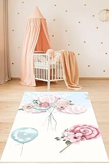 Pelangi Balon Buketi Çiçekli Bohem Tarz Yıkanabilir Kaymaz Taban Tutmaz Çocuk Odası Halısık, Pembe-Beyaz-Mavi 120 X 160 ürün görseli 1