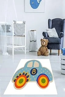 Pelangi Araba Desenli Dijital Baskı Yıkanabilir Kaymaz Taban Çocuk Odası Halısı, Mavi-Beyaz 120 X 180 ürün görseli 1