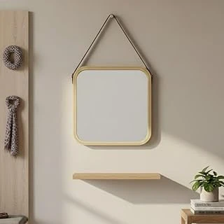 Askılı Ahşap Çerçeveli Kare Ayna 32X42 Cm – Deri Askılı Duvar Aynası, Dekoratif Ayna, Antre Banyo Yatak Odası İçin ürün görseli 1