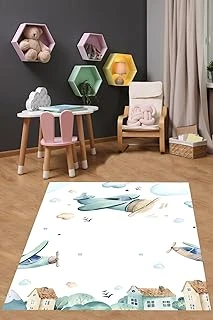 Pelangi Uçaklar Bulutlar Yıldızlar Yıkanabilir Kaymaz Taban Tutmaz Çocuk Odası Halısı, Beyaz 80 X 600, 7642010708060005 ürün görseli 1