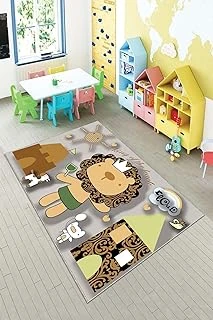 Pelangi Gri Aşçı Aslan Desenli Yıkanabilir Kaymaz Taban Tutmazbebek Çocuk Odası Halısı, Gri-Bej 120 X 200 ürün görseli 1