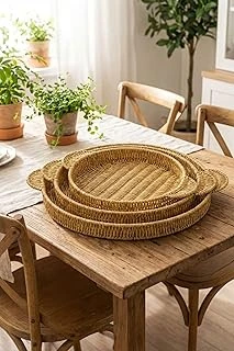 İç İçe Geçebilen 3'Lü Yuvarlak Hasır Görünümlü Plastik Rattan Servis Tepsi Seti, Çok Amaçlı Sunum Tepsileri, 30X25X4 Cm, 35X30X4 Cm, 40X35X4 Cm ürün görseli 1