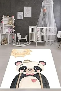 Pelangi Beyaz Zemin Güneş Sevimli Panda Yıkanabilir Kaymaz Taban Tutmaz Çocuk Odası Halısı, Turuncu-Siyah-Beyaz 100 X 250, 7642012310025005 ürün görseli 1