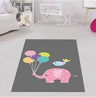 Pelangi Filli Balonlu Kuşlu Dijital Baskı Yıkanabilir Kaymaz Taban Tutmaz Fil Desenli Bebek Odası Halıs, Pembe-Gri 100 X 500 ürün görseli 1