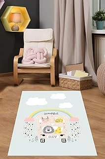 Pelangi Gökkuşaklı Bulutlu Beautiful Day Yazılı Yıkanabilir Kaymaz Taban Tutmaz Çocuk Odası Halısı, Mavi-Pembe 100 X 150, 9038680150100150 ürün görseli 1