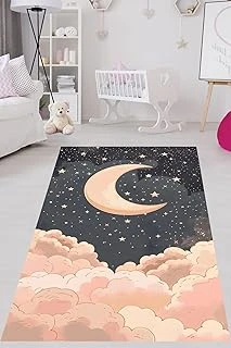 Pelangi Bulut Ay Yıldız Desenli Gece Temalı Yıkanabilir Kaymaz Taban Tutmaz Çocuk Odası Halısı, Siyah-Pembe 80 X 150, 907642023480150 ürün görseli 1