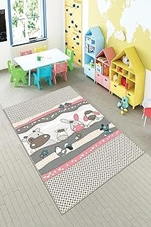 Pelangi Pembe Sevimli Hayvanlar Desenli Yıkanabilir Kaymaz Taban Tutmazbebek Çocuk Odası Halısı, Pembe-Kahve 80 X 400 ürün görseli 1