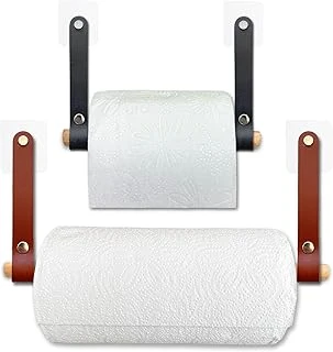 Yapışkanlı Ahşap & Deri Tuvalet Kağıtlığı | Banyo Kağıt Havluluk, Havlu Peçetelik | Wc Kağıtlık, Dolap Altı Kağıt Havlu Askısı (Siyah & Kahve, 2' Li Set [Kağıt Havluluk & Tuvalet Kağıtlığı]) ürün görseli 1