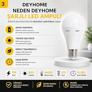 Şarjlı Led Ampul, 9W, 830 Lümen, 6400K Beyaz Işık, E27 Duy, 15.000 Saat Ömür, Acil Durum Aydınlatma (1) ürün görseli 1