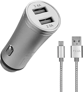 Hy-X62 3.4A Hızlı Şarj Micro Usb Kablolu 2 Usb Metal Araç Şarj Cihazı, Gümüş ürün görseli 1