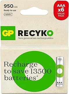 Gp Batteries Recyko 950Mah Aaa İnce Kalem Ni-Mh Şarjlı Pil, 1.2 Volt, 6'Lı Kart ürün görseli 1