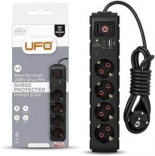 Ufo Yeni 4Lü Akım Korumalı Grup Priz 1,5 Metre Bakır Kablolu, 5V 2,4A Usb Type-C Ile Şarj, Anahtarlı Topraklı Priz, Sürekli Koruma, 16A 250V, 3500W Aşırı Yük Koruması, 1,5M. Siyah Renk ürün görseli 1