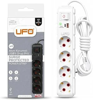 Ufo Yeni 4Lü Akım Korumalı Grup Priz 1,5 Metre Bakır Kablolu, 5V 2,4A Usb Type-C Ile Şarj, Anahtarlı Topraklı Priz, Sürekli Koruma, 16A 250V, 3500W Aşırı Yük Koruması, 1,5M. Beyaz Renk ürün görseli 1