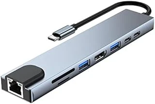 Primex Px-U520 8 In 1 Type-C Çoklayıcı Adaptör, 4K 30Hz Hdmi Usb-C Hub, 2X Usb 3.0 Rj45 Gigabit Ethernet Sd Micro Sd Kart Okuyucu 2X Pd Şarj Portlu Gri Metal Usb-C Çevirici, Macbook Laptop Pc Için ürün görseli 1