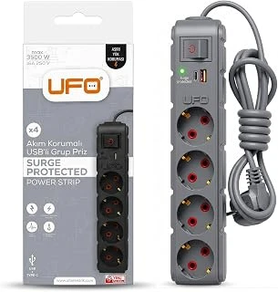 Ufo Yeni 4Lü Akım Korumalı Grup Priz 1,5 Metre Bakır Kablolu, 5V 2,4A Usb Type-C Ile Şarj, Anahtarlı Topraklı Priz, Sürekli Koruma, 16A 250V, 3500W Aşırı Yük Koruması, 1,5M. Gri Renk ürün görseli 1