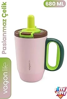 680 Ml Tek Kapak Çift Kullanım Pipetli Rahat İçim Kulplu Paslanmaz Çelik Termos Mug Ffvgn1113-680Ml Pembe ürün görseli 1