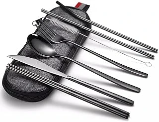 Valkyrie 8 Parça Çantalı Yolculuk Çatal Kaşık Pipet Chopstick Seti Kamp Okul Ofis Tatil Paslanmaz Çelik Siyah ürün görseli 1