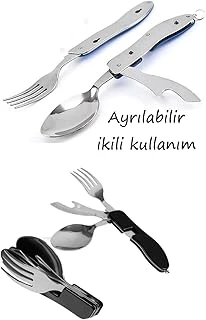 Duffa Çok Amaçlı Kamp Çatal Kaşık Seti - 4'Ü 1 Arada Ayrılabilir Paslanmaz Çelik Kamp Çakısı, Katlanabilir Konserve Gazoz Açacaklı Portatif Dağcılık Piknik Çatal Kaşık Seti ürün görseli 1