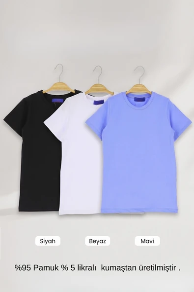 Unisex T-Shirt 3'lü Set Siyah , Beyaz ve Mavi Renk ürün görseli 1