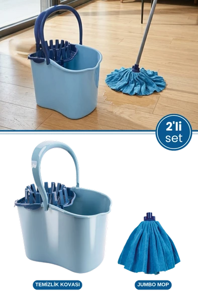 Flora 2’li Temizlik Seti Mavi, Sıkmalı Temizlik Yer Silme Kovası + Süper Emici Mikrofiber Jumbo Mop ürün görseli 1
