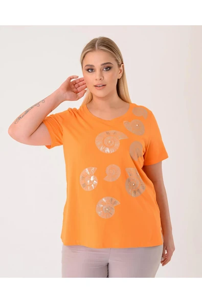 Vedi Büyük Beden Bisiklet Yaka Kısa Kollu Baskı Ve İnci Detaylı Kadın T-Shirt 25YXD5014 ürün görseli 1