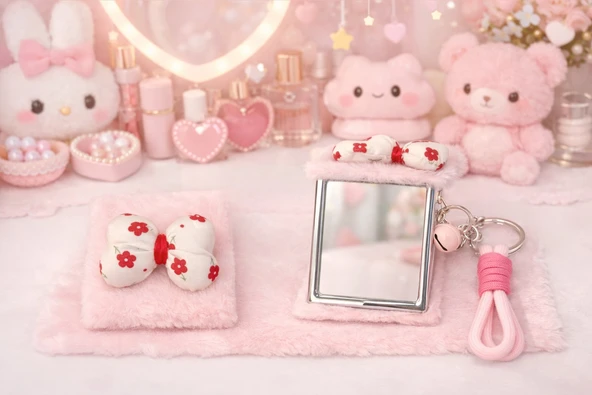 Pembe Peluş Kırmızı Beyaz Fiyonk Tasarımlı Çift Taraflı Katlanabilir Makyaj Aynası Çanta Aksesuarı ürün görseli 1