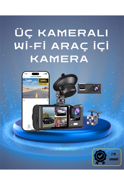 Üç Kameralı 1080p Full HD Araç İçi Kamera – G-Sensörlü ve Gece Görüşlü ürün görseli 1